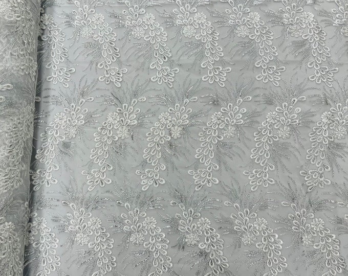 Metallic White/Silver Corded Floral Lace Fabric, by the yard - Embroidery With Sequins on a Mesh Lace Fabric For Gown, Wedding-Bridal