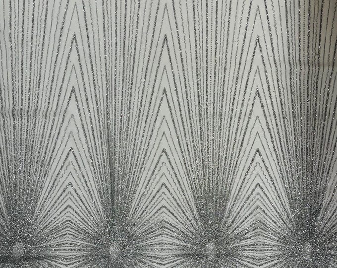 Silver Sparkling Glitter Mesh Fabric By The Yard, Glitters and Sequins Damask Geometric Glitter Fabric Wedding Bridal Decor Prom Glitter