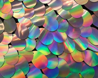 Iridescent Oval Sequin Fabric, Tear Drop Mermaid Paillette on Mesh, by the Yard