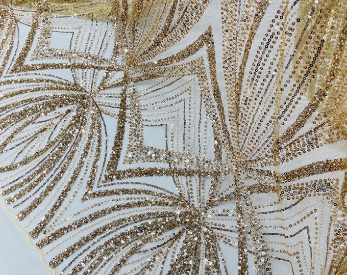 Champagne Beaded Lace Fabric: Embroidered Mesh, Bridal Wedding Dress - Sold By The Yard
