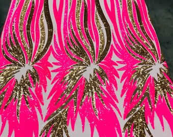 Hot Pink / Gold Sequins on Nude Mesh, Angel Wings Design Embroidered on a Mesh 4way Stretch Sequin-Prom-Gown By The Yard