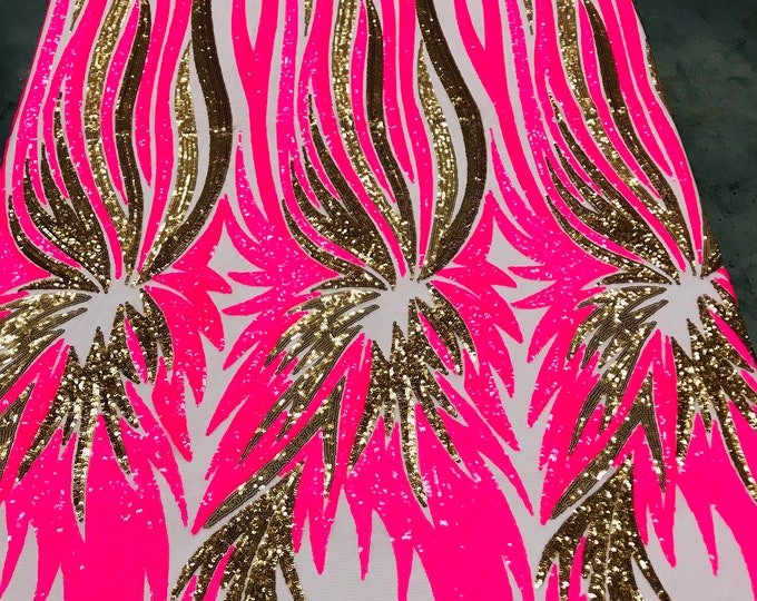 Hot Pink / Gold Sequins on Nude Mesh, Angel Wings Design Embroidered on a Mesh 4way Stretch Sequin-Prom-Gown By The Yard