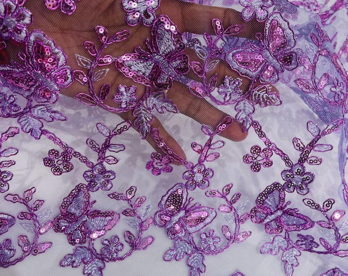 Lilac Metallic Corded Lace Small Butterfly by Yard Metallic Thread Butterfly Design Embroidered With Sequin on a Mesh Lace Fabric