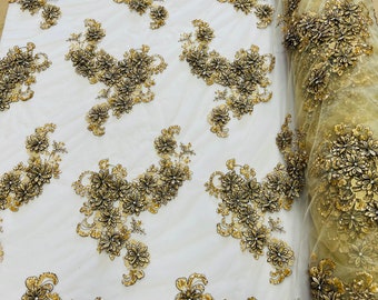 Gold 3D Floral Lace Fabric: Rhinestone Beaded Mesh, Prom Dress Fabric