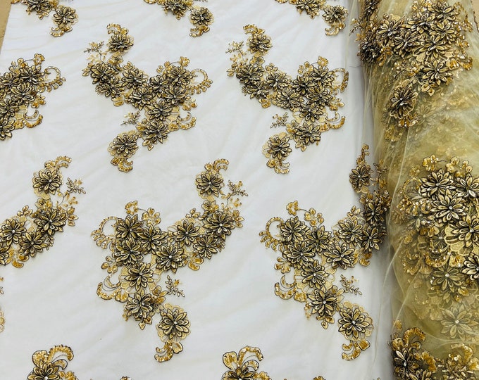 Gold 3D Floral Lace Fabric by the yard, Flower Design Embroider With black thread Rhinestones On a Mesh, Prom Beaded Fabric