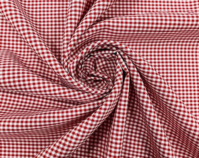 Red & White Gingham Fabric by Yard 1/8” Squares, Poly Cotton Checkered Fabric