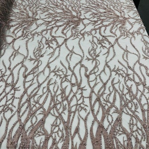 Rose Gold Bridal Wedding Lace Beaded Fabric - by the yard - Root Design Hand Embroidered With Beads and Sequins on a Mesh