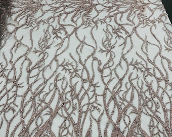 Rose Gold Bridal Lace Fabric – Embroidered Beads & Sequins