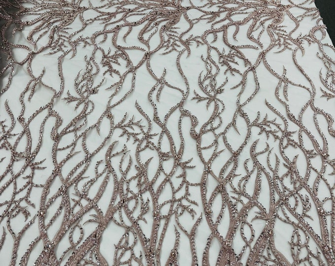 Rose Gold Bridal Wedding Lace Beaded Fabric - by the yard - Root Design Hand Embroidered With Beads and Sequins on a Mesh
