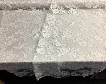 White Flower Embroidered Mesh Lace Fabric, Scalloped Bridal Wedding Dress Lace By The Yard