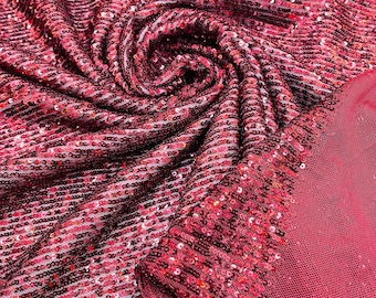 Burgundy Striped Sequin Fabric: Stretch Lace Spandex Mesh, Prom Gown Couture