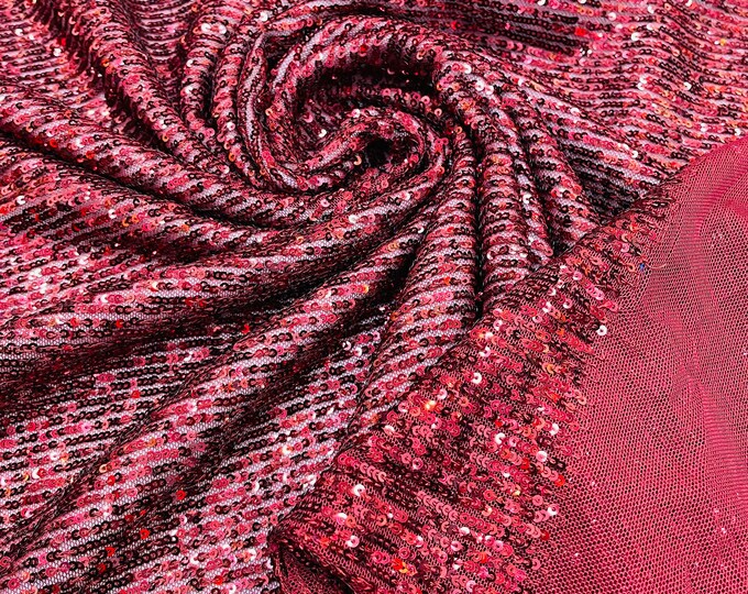 Burgundy Mille Striped Stretch Sequins Lace Spandex Mesh-Prom-Gown By The Yard, Formal Wedding Couture Fabric Sequin Fabric