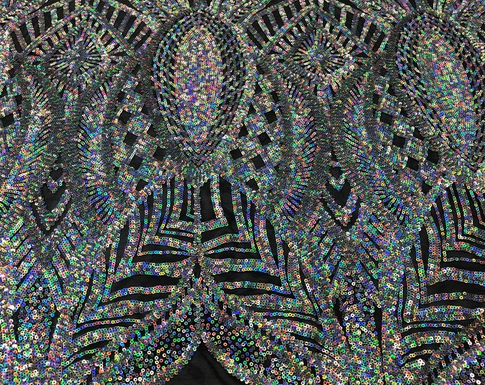 Hologram Silver Sequins Lace Fabric On Black Mesh, Royalty Design Embroidered On 4way Stretch Sequin By Yard -Prom-Gown ( Choose The Size )