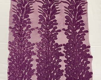 Eggplant Sequin Lace Fabric, Vegas Feathers Embroidery (3 Panels)