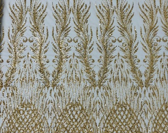 Gold Beaded Damask Fabric: Bridal Appliqué Lace by the Yard