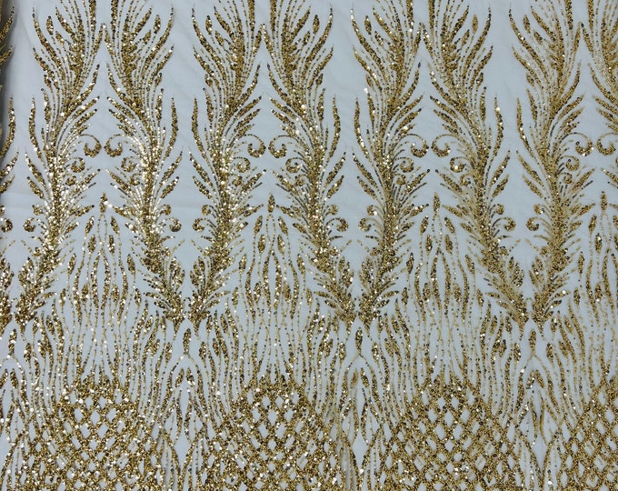 Gold Beaded Fabric by the yard, Bridal Heavy beaded, Damask Pattern With Beads and Sequin, Appliqué lace for bridals,weddings,prom dress.