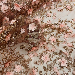 Rose Gold 3D Flower Glitter Sequin Fabric by the Yard, 3D Floral ...