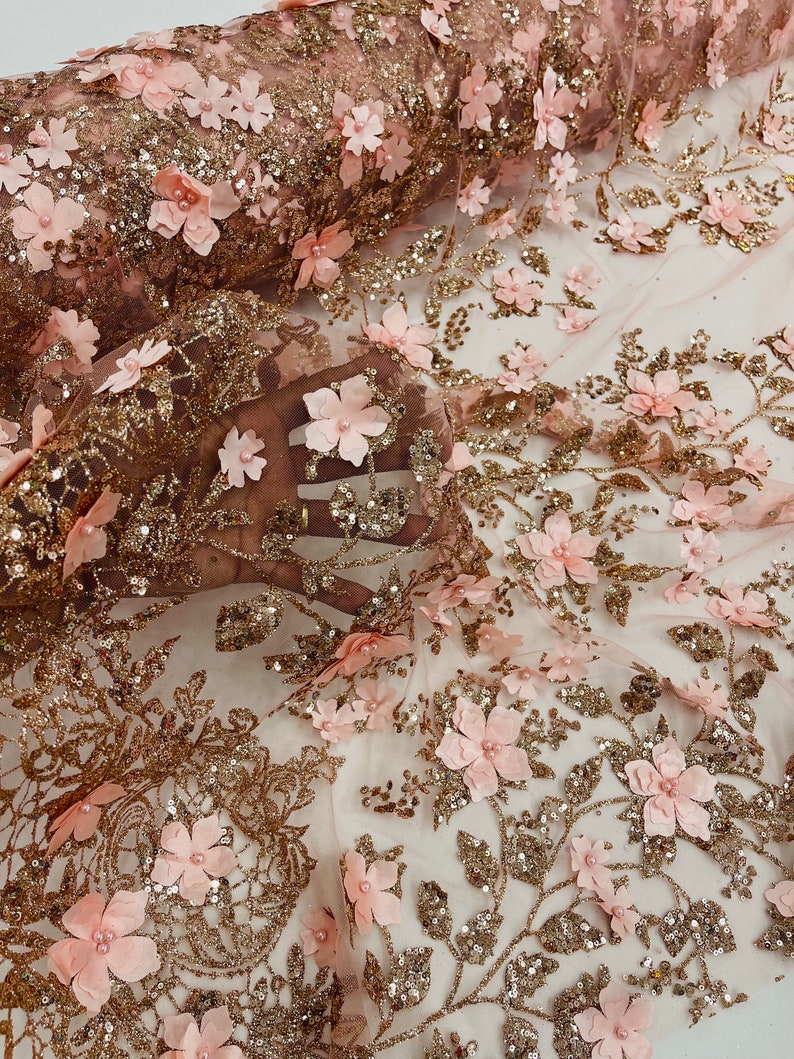 Rose Gold 3D Flower Glitter Sequin Fabric by the Yard, 3D Floral ...