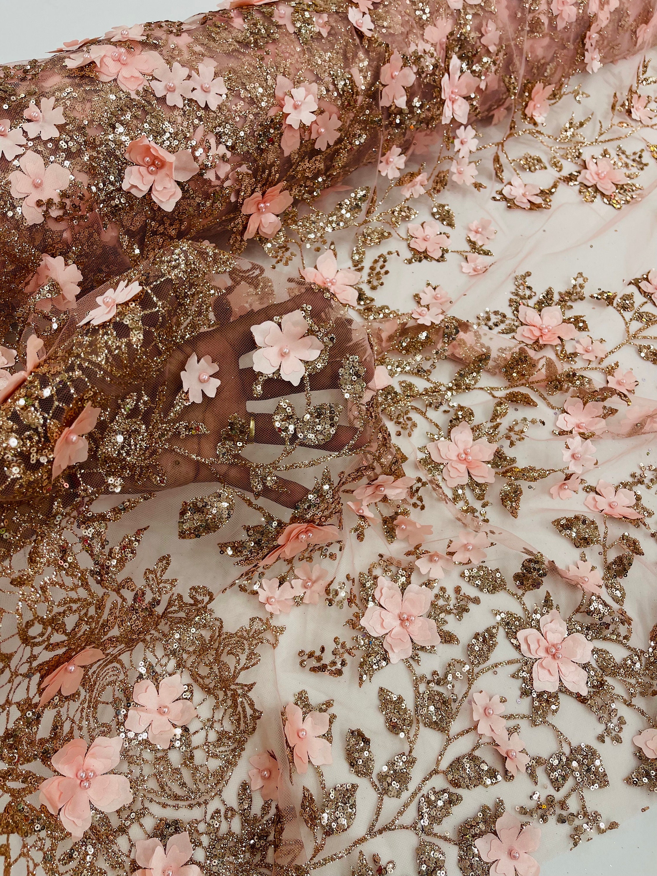 Rose Gold 3D Flower Glitter Sequin Fabric by the Yard, 3D Floral ...