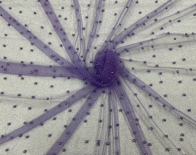 Lavender Pearl Glitter Mesh Fabric, 2way Stretch Scattered Pearls Studded with glitter Mesh, sold by the yard (Pick a Size)
