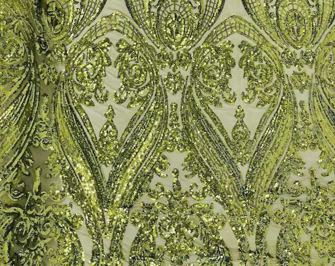Olive Green  - 4 Way Stretch Fancy Big Damask Design Sequins on Spandex Mesh Prom Gala Gown Fabric By The Yard