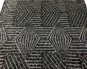 Black Geometric Design On a Mesh-Prom-Gown, 2 Way Stretch Sequin Fabric By The Yard