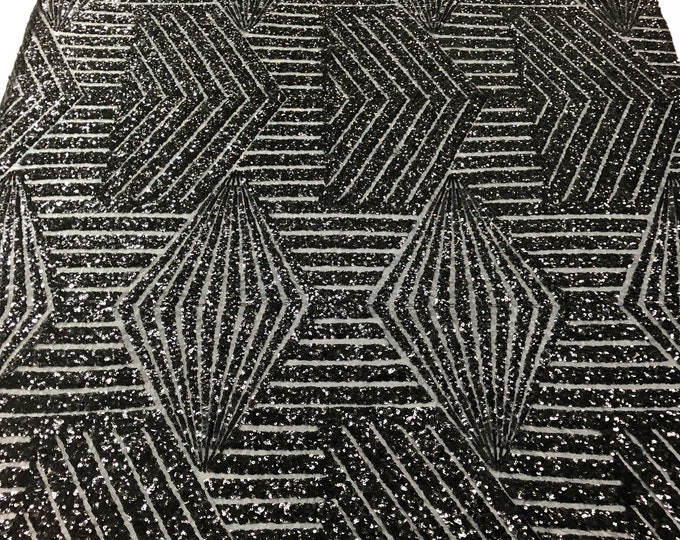 Black Geometric Design On a Mesh-Prom-Gown, 2 Way Stretch Sequin Fabric By The Yard