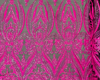 Hot Pink Holographic Sequin 4 Way Stretch Fancy Big Damask Design Sequins on Spandex Mesh Prom Gala Gown Fabric By The Yard