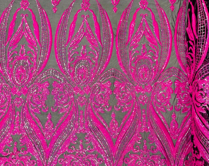 Hot Pink Holographic Sequin 4 Way Stretch Fancy Big Damask Design Sequins on Spandex Mesh Prom Gala Gown Fabric By The Yard