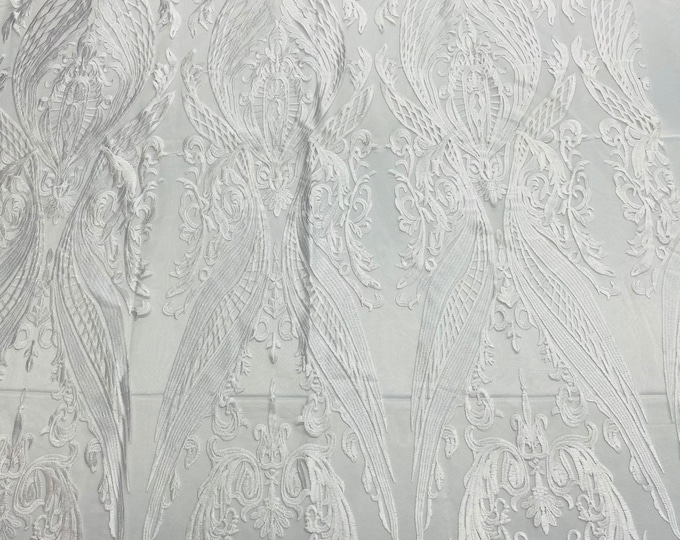 White Lace Fabric, Corded Lace Embroidery on a Mesh Lace Fabric By The Yard For Gown, Wedding-Bridal-Dress (Choose The Size)