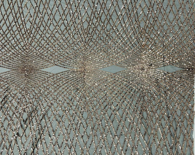 Rose Gold Sequins Fabric  - Black Mesh 2Way Stretch Geometric Diamond Design on Mesh Fabric for Prom Gala Gown By The Yard