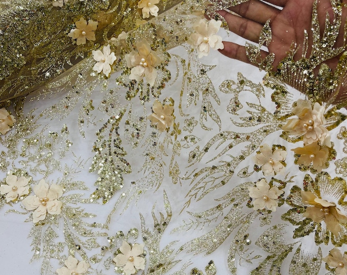 Champagne Glitter Floral Mesh, Glitter 3D Flower Sequin Fabric, Wedding Dresses & Quinseñera