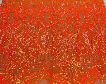 Iridescent Neon Orange Sequin Mesh Fabric, Royalty Design
