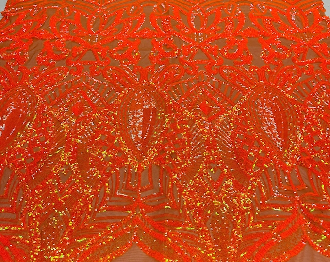 New Iridescent Neon Orange Sequins on Mesh, Royalty Design on a Mesh 4way Stretch Sequin-Prom-Gown By The Yard