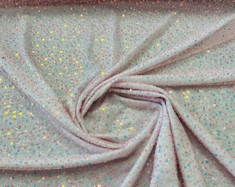 Pink iridescent Embroidery Beaded Fabric By The Yard With Sequin Fabric, Sequin on Mesh Fabric, Handmade Lace, Beads on a Mesh