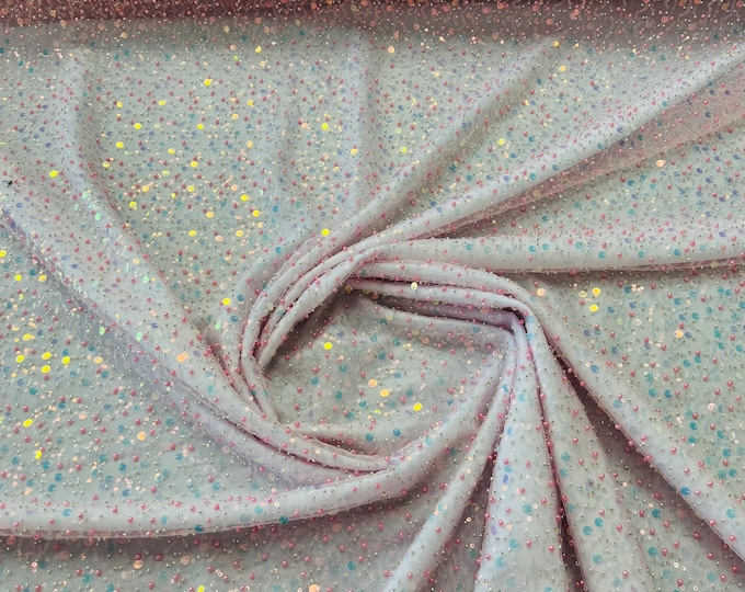 Pink iridescent Embroidery Beaded Fabric By The Yard With Sequin Fabric, Sequin on Mesh Fabric, Handmade Lace, Beads on a Mesh