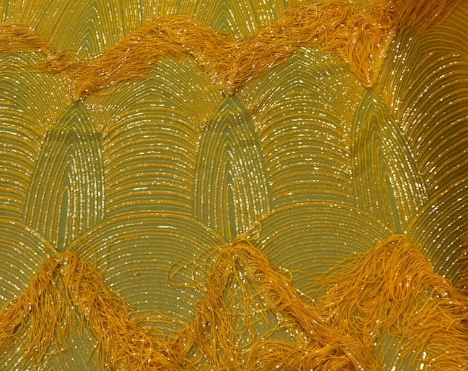 Iridescent DK Yellow Fringe Sequins on Mesh, Fringe Design Embroidered on a Mesh 4way Stretch Fancy Sequin-Prom-Gown ( Choose The Size )