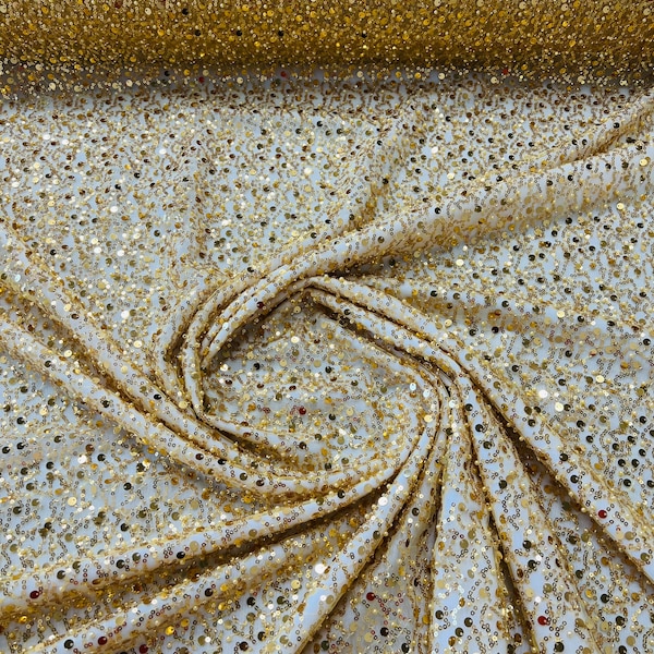 Gold Embroidery Beaded Fabric By The Yard With Sequin Fabric, Sequin on Mesh Fabric, Handmade Lace, Beads on a Mesh