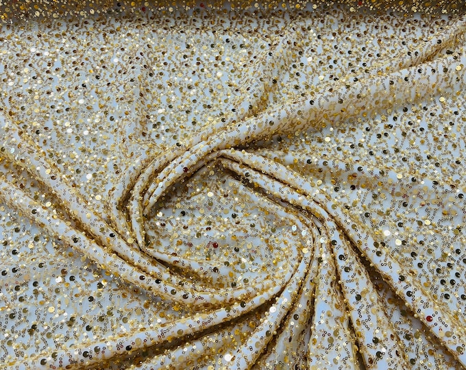 Gold Embroidery Beaded Fabric By The Yard With Sequin Fabric, Sequin on Mesh Fabric, Handmade Lace, Beads on a Mesh