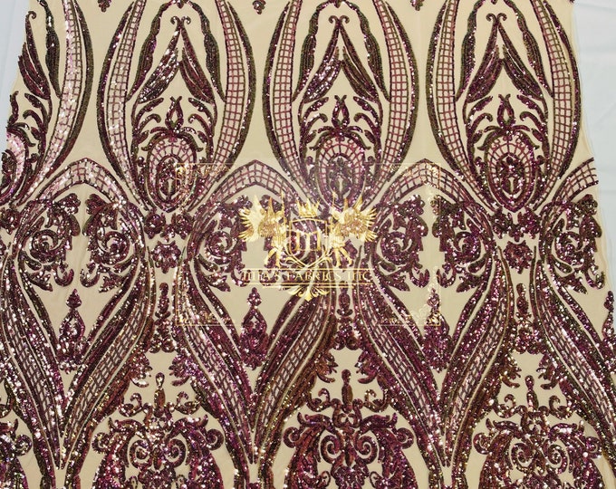 Purple Iridescent Sequins - 4 Way Stretch Fancy Big Damask Design Sequins on Spandex Mesh Prom Gala Gown Fabric By The Yard