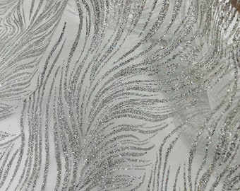 Silver Glitter on Mesh Lace Fabric By The Yard for Wedding Decor - Silver Glitter Fabric Bridal/Prom - Shimmer - Luxury Sparkle