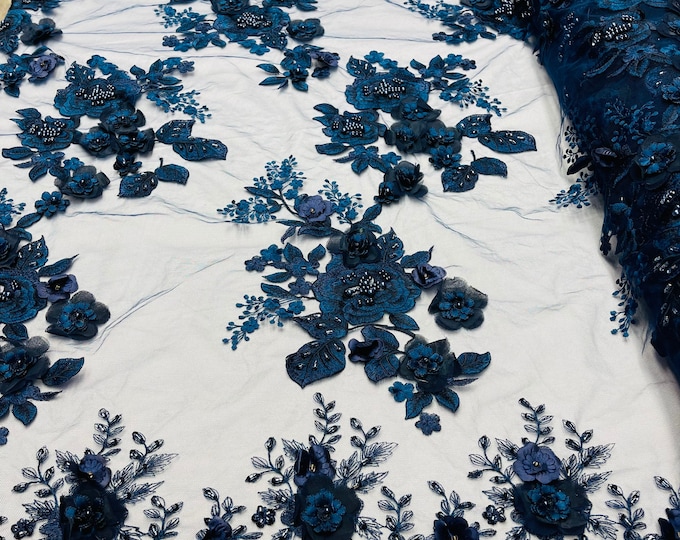 NAVY 3D Floral Design Embroider and Beaded With Pearls On a Mesh Lace-Prom-Dresses-Nightgown-Apparel-Fashion By The Yard