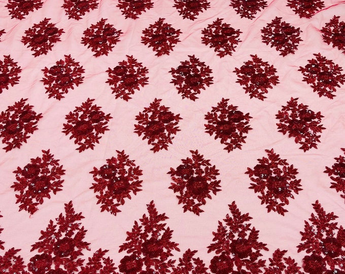 Burgundy Lace Fabric - by yard - Corded Flower Embroidery With Sequins on a Mesh Lace Fabric For Wedding-Bridal-Dress