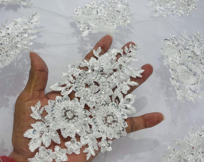 White Beaded Lace Fabric: Embroidered Mesh, Bridal Wedding Dress - Sold By The Yard