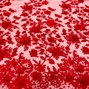 3D Floral Design Embroider and Beaded With Rhinestones on a Mesh Lace-Prom-Fashion-Sold by Yard. Red main image 1