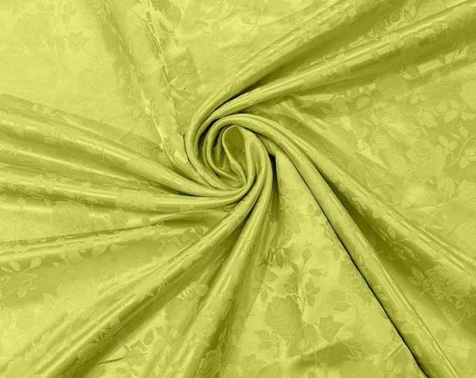 Kiwi Green Flower Brocade Jacquard Satin Fabric, Sold By The Yard Polyester Satin Floral Wide 58/60"  (Choose The Quantity)