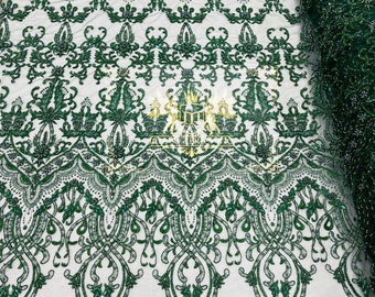 Hunter Green Design Glam Damask Beaded Fabric, Embroidered Fashion Fabric with Beads Wedding Bridal Sold By Yard
