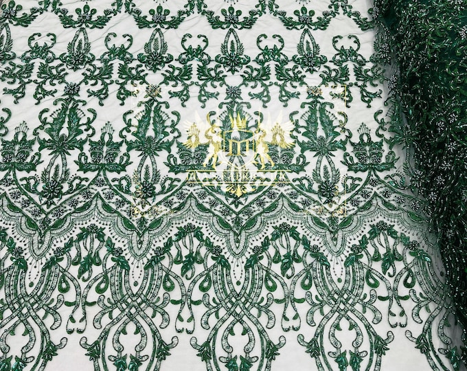 Hunter Green Design Glam Damask Beaded Fabric, Embroidered Fashion Fabric with Beads Wedding Bridal Sold By Yard