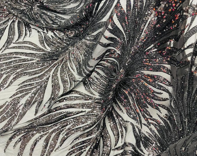 Black Sequin Fabric Sold By The Yard, 4 Way Stretch Mesh, Embroidery on a Mesh Phoenix Wing Sequins Fabric for Prom Gala Gown