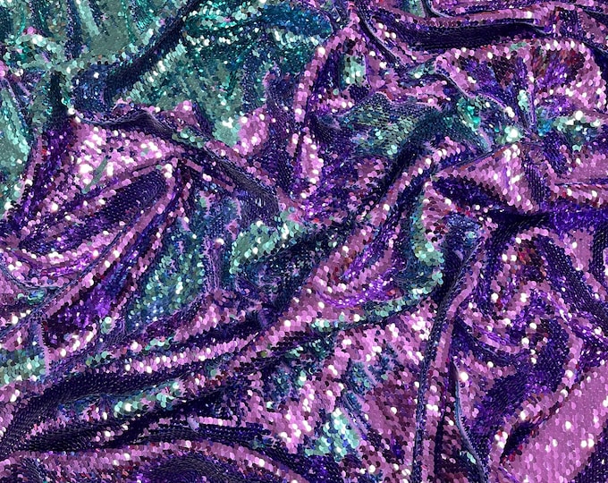 Purple/Turquoise Sequins Fabric: 2-Way Stretch Flip-Up Reversible Sequin